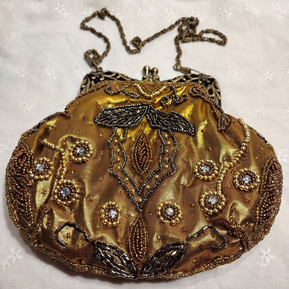 Kristine Accessories || Golden Beaded Kiss-Lock Handbag